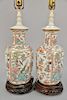 Pair of Rose Famille vases made into table lamps. ht. 13in., total ht. 28in.
