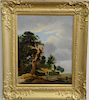 19th century English School oil on canvas landscape, man fishing with stormy sky, relined, 18" x 14".