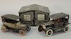 Three tin toys including Marx wind up car Lizzy Ford Jalopy, Germany tin wind up car, and a double tin garage. garage: ht. 4 1/2in.,...