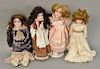 Four bisque head dolls to include Darling Doll with white dress, Heubach Koppelsdorf Thuringia 250-4, Alma, and Armand Marseille mar...