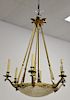 Hanging light, six light with frosted glass center. approximate ht. 36in., dia. 28in.