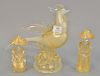 Three Murano art glass pieces, clear with gold flecking including pair of figures and a large peacock, possibly Archimedes Seguso. <...