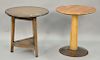 Group of three round contemporary tables, Restoration Hardware, table with carved pedestal base, and embossed brass metal table. ht....
