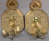 Pair of brass embossed double candle sconces, top embossed with heart and crown, electrified. 26 1/2" x 16"