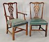 Ethan Allen set of seven Chippendale style dining chairs with leather seats.