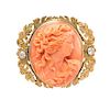 * An Art Nouveau 14 Karat Yellow Gold Coral Cameo and Diamond Brooch, Lewy Brothers, 17.20 dwts.