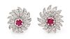 A Pair of Platinum, Ruby and Diamond Floral Motif Earclips, 7.00 dwts.
