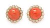 A Pair of 14 Karat Yellow Gold, Coral and Diamond Earclips, 10.80 dwts.