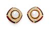 A Pair of 18 Karat Gold, Cultured Pearl, Diamond and Polychome Enamel Earclips, de Vroomen, 27.30 dwts.