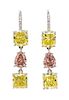 A Pair of Fine Platinum, Fancy Colored Diamond and Diamond Drop Earrings, 3.25 dwts.
