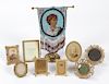 A Beaded Victorian Portrait and 8 Ornate Metal and Gilt Frames/Pictures