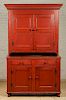 Antique Red Wash 4-Door Step Back Cupboard