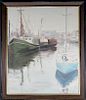 Hower, 20th C. Painting of Docked Boats in Harbor