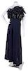 * A Pauline Trigere Strapless Navy Feather Gown, No size.
