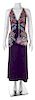 A Roberto Cavalli Purple Floral Embellished Halter Gown, Clutch: 7.5" x 4.75" x 1".