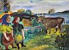 BURLIUK, David. Watercolor. Peasants with Cows.