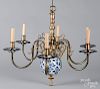 Brass and delft six-arm chandelier