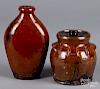Redware covered jar and flask