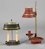 Two painted tin and brass bouillotte lamps