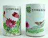 Two Chinese Hand Painted Famille Verte Brush Pots