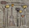 Group of wrought iron, brass and copper utensils