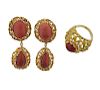 18K Gold Coral Drop Earrings Dome Ring Set
