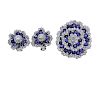 Platinum Diamond Sapphire Flower Motif Earrings Brooch Set