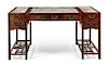* A Chinese Marble-Inset Hongmu Partner's Desk Shuzhuo Height 33 3/4 x width 34 1/4 x depth 13 inches.