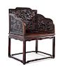 * A Chinese Zitan Throne Chair, Baozuo Height 41 1/2 x width 30 1/4 x depth 25 1/2 inches.