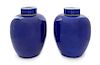 A Large Pair of Blue Glazed Porcelain Covered Jars Height 13 inches.