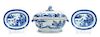 Three Chinese Export Canton Blue and White Porcelain Articles Height of tureen 9 x width 14 inches