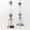 Pair of Neoclassical Style Silvered-Metal-Mounted Cut Glass Lamps on Marble Bases