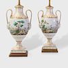 Pair of English Gilt Porcelain Urns Painted with Landscapes Mounted as Lamps