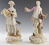Pair of Finely Painted Meissen Porcelain Figures, 19th c., of a couple in 18th c. costumes, the woman holding a bird and birdcage, with a lamb at her 