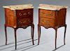 Pair of French Louis XV Style Ormolu Mounted Inlaid Mahogany Bowfront Nightstands, early 20th c., the Breche d'Alps ocher marble over two drawers flan