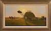 Raymond L. Knaub (1940-, American), "Overshot Stacker-Kansas Prairie," 1981, oil on board, signed and dated lower right, presented in a gilt frame wit