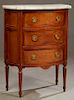 French Louis XVI Style Cherry Marble Top Bowfront Nightstand, 19th c., the shaped cookie corner highly figured white marble over three drawers flanked