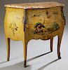 French Louis XV Style Ormolu Mounted Marble Top Bombe Commode, late 19th c., the ocher and mauve shaped marble over two drawers painted with Vernis Ma
