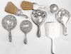 Group of Eight Sterling Dresser Pieces, early 20th c., consisting of a clothes brush by Alvin; a clothes brush by Richard Wallace; a sterling lid crys