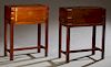 Two English Campaign Style Brass Bound Mahogany Lap Desks, 19th c., with fitted interiors with baize lined writing surfaces, both on later square ba