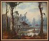 Knute Heldner (1877-1952, New Orleans), " Louisiana Swamp Scene with Cabin and Man in Flatboat," 20th c., oil on canvas, presented in a polychromed fr
