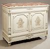 French Louis XVI Style Breakfront Polychrome Oak Sideboard, 19th c., the inset faux marble painted top above a setback frieze drawer and double fielde
