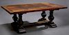 French Carved Walnut Refectory Table, late 19th c., the thick parquetry inlaid top with large diamond top iron screws fastening it to tapering urn tre