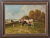 Adrian Marinus Geyp (1855-1926, Dutch), "Milking the Cows," c. 1900, oil on canvas, signed lower right, presented in a wood and gesso frame, H.- 19 in