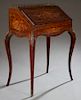 French Marquetry Inlaid Ormolu Mounted Mahogany Bombe Lady's Desk, c. 1900, the top with a 3/4 pierced brass gallery over a slant lit to an interior f