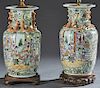 Pair of Chinese Famille Rose Porcelain Vases, late 19th c. of baluster form, the everted necks with applied salamander and Foo dog decoration, over si