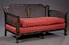 Black Lacquer Caned Queen Anne Style Settee, early 20th c., with gilt chinoiserie figural and landscape decoration on the caned back, scrolled arms, a