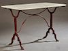 French Cast Iron Marble Top Bistro Table, 19th c., the rectangular rounded edge figured white marble on splayed iron trestle supports, joined by an X-