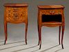 Pair of Louis XV Style Marquetry Inlaid Bombe Nightstands, 20th c., with 3/4 galleried bowed tops over three drawers and a side pullout drink slide, o
