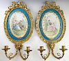 Pair of Gilt Bronze Mounted Painted Sevres Porcelain Two Light Sconces, 19th c., marked with the Louis Philippe mark and "Chateau de Tuileries," the o